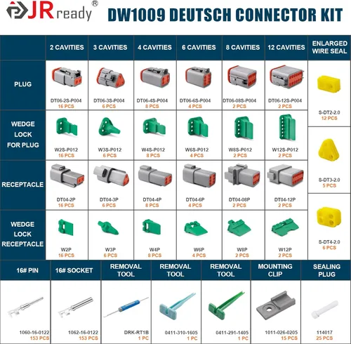 Miniatura 7 de JRready DW1009 Kit de conectores Deutsch, conectores DT grises de 2, 3, 4, 6, 8 y 12 pines, tamaño 16 contactos formados con sello (14-18AWG)