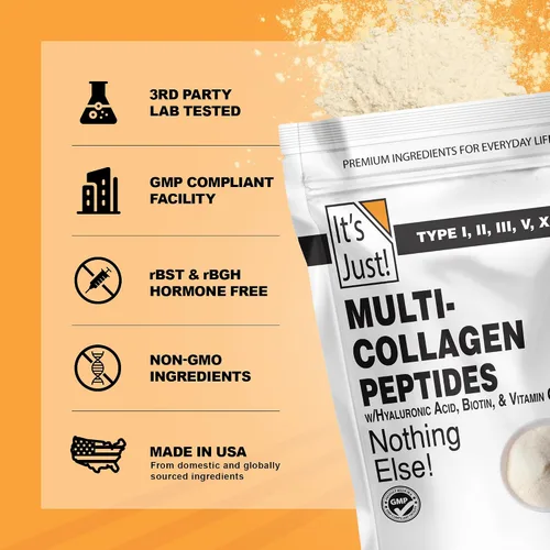Miniatura 4 de It's Just! - Péptidos de colágeno múltiple (tipos I, II, III, V, X) con vitamina C, biotina, ácido hialurónico, sin sabor añadido, probado