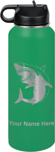Miniatura 59 de LaserGram Botella de agua personalizada, gran tiburón blanco, acero inoxidable de doble pared aislada al vacío con popote superior, regalo grabado