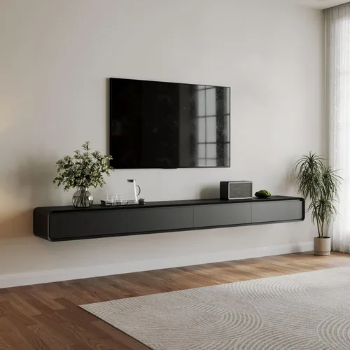Miniatura 18 de POVISON - Soporte de TV flotante minimalista totalmente ensamblado, moderno centro de entretenimiento montado en la pared con 3 puertas abatibles