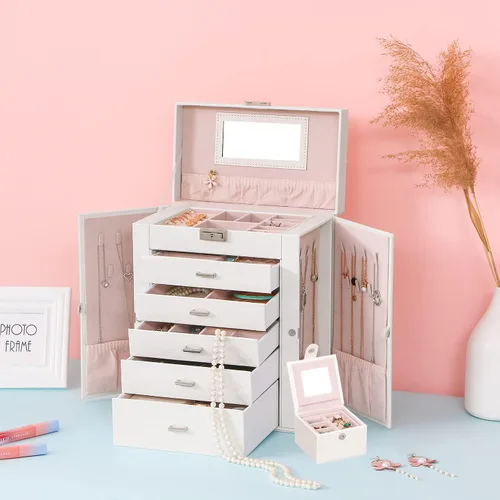 Miniatura 2 de ANWBROAD Enorme caja de joyería de 6 niveles organizador de joyas con cerradura de espejo caja de joyería para niñas aretes anillos collares