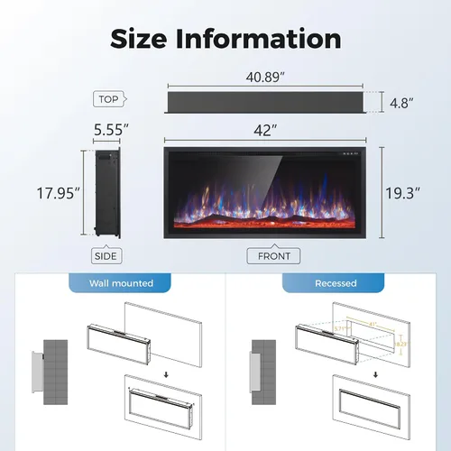 Miniatura 8 de MAISON ARTS Chimenea eléctrica de 42 pulgadas, calentador eléctrico empotrado y montado en la pared, marco ultra estrecho con control remoto