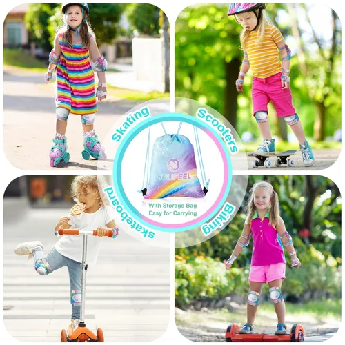 Miniatura 5 de SULIFEEL Rodilleras de Unicornio Arcoíris para Niños Rodilleras Coderas Muñequeras con Bolsa con Cordón Equipo de Protección Ajustable para Niñas