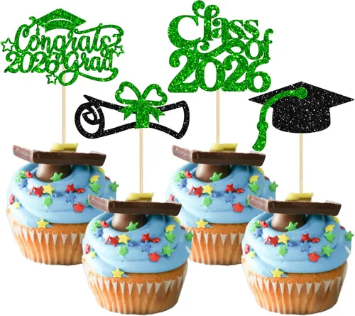 Miniatura 41 de Gyufise 24 piezas de decoración para cupcakes con purpurina para graduación 2026, decoración de pasteles para graduación 2026, decoración de Negro