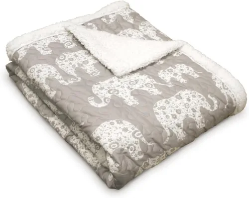 Lush Decor Elephant Parade Manta Sherpa de Tiro 50" An x 60" L, Gris Suave - Manta de Elefante para Niños - Mantas de Tiro de Felpa para Cama -