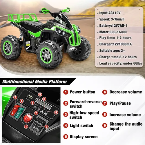 Miniatura 5 de Soar Cuatro ruedas para niños – ATV eléctrico de 4 ruedas para niños de 3 a 6 años, cuatrimoto de 12 V con luces LED, música, velocidad alta/baja