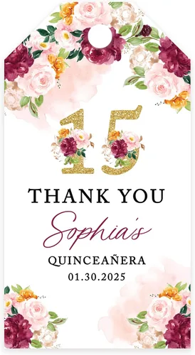 Andaz Press Paquete de 40 Etiquetas de Favor de Quinceañera Personalizadas con Cordón, Florales Burdeos y Rosa Personalizadas Etiquetas Clásicas de