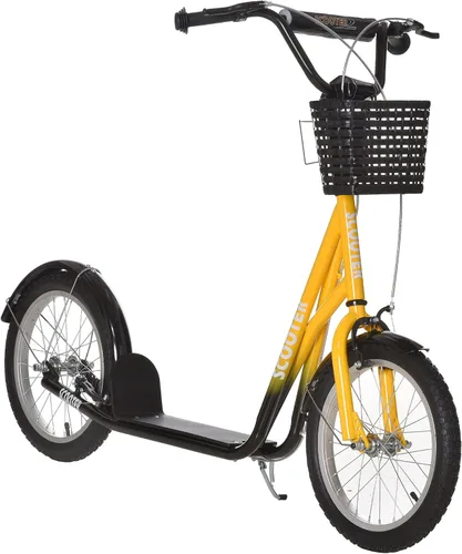 Aosom Patinete juvenil con manillar ajustable, frenos dobles, neumáticos de goma inflables de 16 pulgadas, canasta, portavasos Naranja