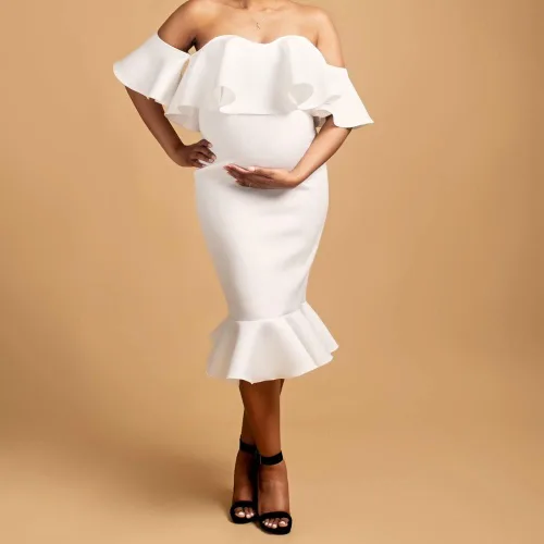 Miniatura 2 de Vestido de maternidad con volantes y hombros descubiertos para baby shower, manga corta, vestido de embarazo formal de sirena para mujer