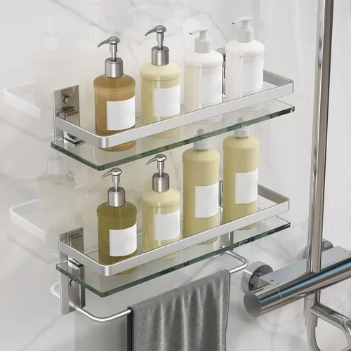 Miniatura 2 de Danpoo Estantes de baño montados en la pared, estante de vidrio templado transparente con toallero, soporte para toallas de mano (plata mate)