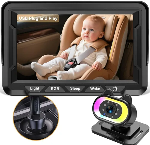Wkzay Cámara USB Plug and Play para automóvil de bebé: 3 minutos de fácil instalación orientada hacia atrás Cámara de seguridad para asiento de