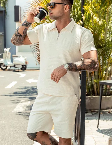 Miniatura 3 de URRU Conjunto de camisa polo y pantalones cortos para hombre, trajes de verano a la moda, casual, de manga corta, traje de polo para hombre