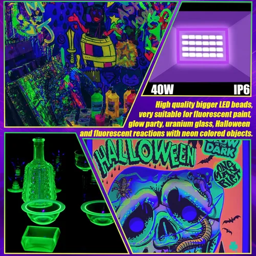 Miniatura 6 de Luz negra de 40 W IP66 impermeable para exteriores con cable de 6 pies + enchufe + interruptor, reflector de luz negra para Halloween, neón que