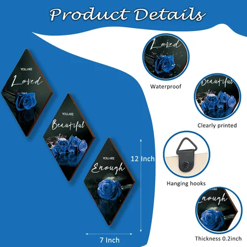 Miniatura 4 de ONIZHITY 3 piezas de decoración de pared azul de madera rosa decoración de baño citas positivas You Are Beautiful decoración azul y negro decoración