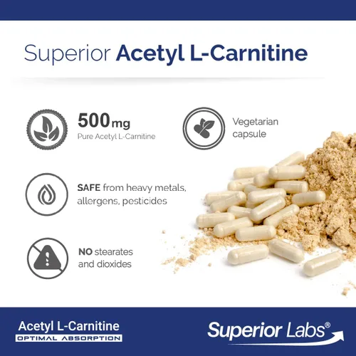 Miniatura 5 de Superior Labs Acetil L-carnitina 500 mg, ALCAR de alta potencia, puro sin OMG, cero aditivos sintéticos, máxima absorción, metabolismo de energía