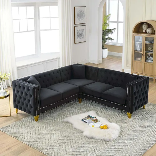 Antetek Sofás en forma de L para sala de estar, moderno sofá de terciopelo con botones y reposabrazos cuadrados incrustados con cabezas de uñas Negro