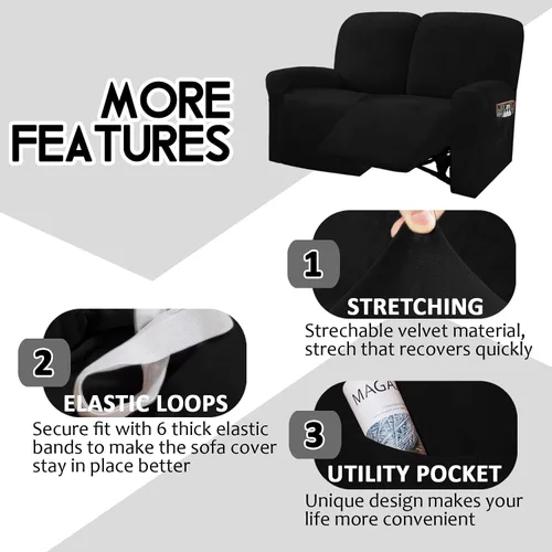 Miniatura 4 de ULTICOR Funda reclinable para sofá biplaza, 48 a 65 pulgadas de largo, 6 fundas de sofá reclinable elásticas de terciopelo para sofá biplaza de 2