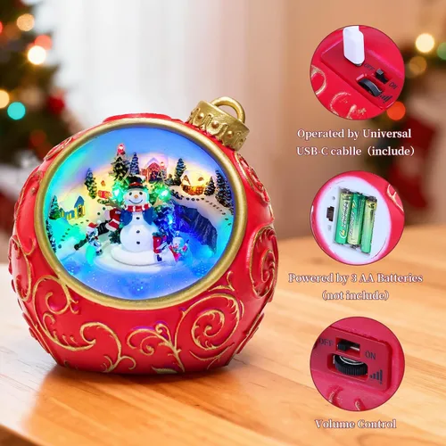 Miniatura 2 de Figuras musicales animadas de pueblo navideño de 6.3 pulgadas con muñeco de nieve giratorio de esquí y luces, temporizador automático de 6 horas