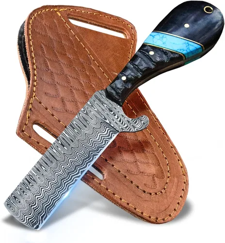 Miniatura 8 de Cuchillo de caza de Damasco hecho a mano, cuchillo de hoja fija de 8 pulgadas con funda, cuchillo de vaquero de espiga completa, cuchillo de Multi