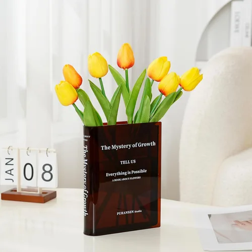 Puransen Florero marrón con forma de libro para flores, decoración estética de habitación para el hogar moderno, oficina, organizador minimalista