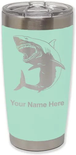 Miniatura 35 de LaserGram Vaso aislado al vacío de 20 onzas, gran tiburón blanco, grabado personalizado incluido (negro)