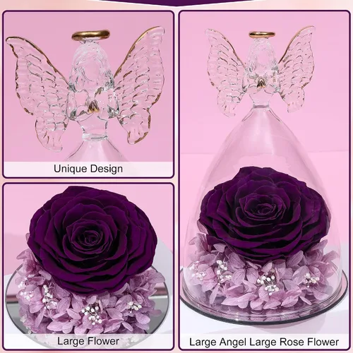 Miniatura 2 de Regalo de rosa para el día de la madre, rosa real preservada en figura de ángel de cristal grande, regalos de rosas para mujeres, regalo de flores