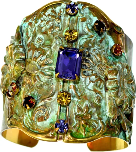 Elaine Coyne Collectible Artwear Olive Patina Brass Zinnia Flowers Wide Cuff - Auténticos cristales de cristal, Cristal