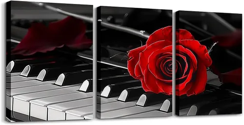 Miniatura 22 de Erosebridal Juego de 3 lienzos de pared en lienzo con teclado de piano en blanco y negro, instrumentos musicales, decoración de pared para sala