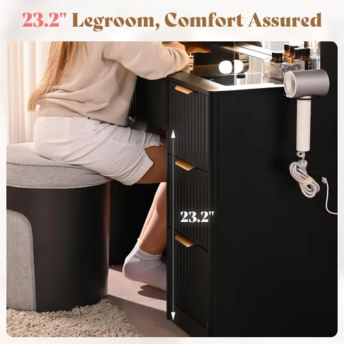Miniatura 8 de AMERLIFE Escritorio estriado de 47.2 pulgadas con espejo y luces LED ajustables, mesa grande de tocador de maquillaje con 7 cajones con parte Negro
