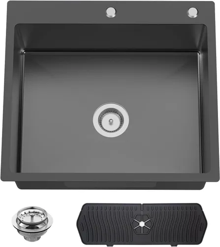 Miniatura 8 de Fregadero Negro de Cocina y Bar, Fregadero de Cocina de Acero Inoxidable de 15 x 17 Pulgadas para Empotrar, Fregadero de Bar Moderno de Un Solo