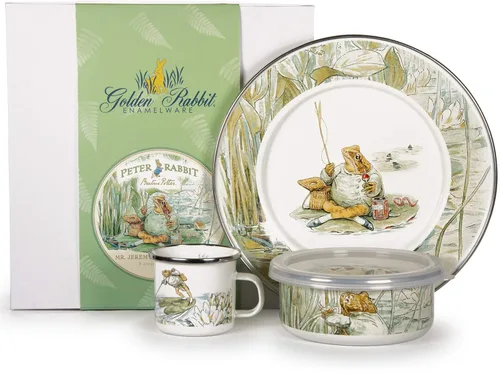 Miniatura 5 de Golden Rabbit Juego de vajilla infantil esmaltada: plato, taza y cuenco con tapa, conejitos azules