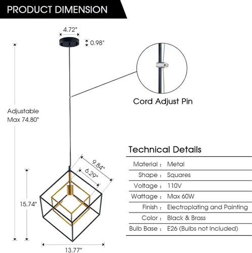 Miniatura 3 de Lámpara de araña geométrica moderna, lámpara colgante de metal con 1 luz, lámpara de techo colgante de latón negro, iluminación industrial de cubo