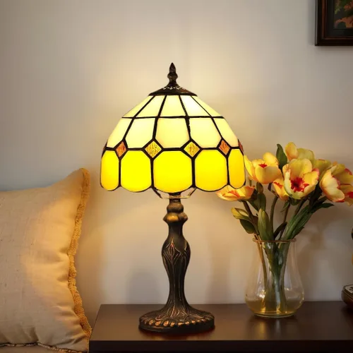 Lámpara de mesa estilo Tiffany de 8 pulgadas, hecha a mano con vitrales vintage, lámpara de mesa de cristal artístico para dormitorio, oficina, sala