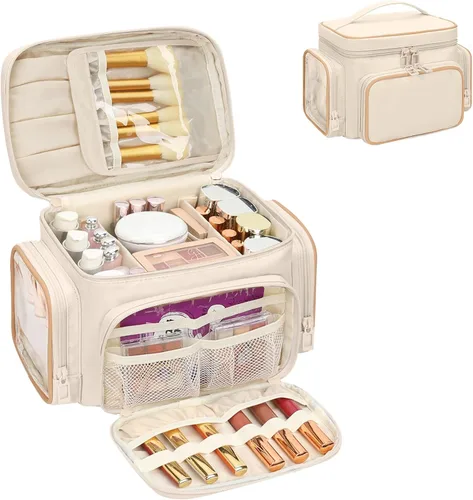 Miniatura 9 de Bagmoly Bolsa de maquillaje grande, organizador portátil de maquillaje para mujeres y niñas con compartimento para brochas de maquillaje y dos