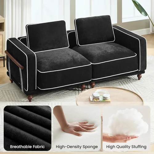 Miniatura 4 de Sofá biplaza modular de felpilla de 80 pulgadas, sofá pequeño color negro con fundas extraíbles lavables, cojines de espuma de alta resistencia