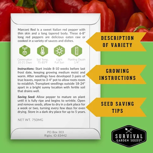 Miniatura 2 de Survival Garden Seeds - Semilla de pimiento rojo Marconi para plantar - Paquete con instrucciones para plantar y cultivar pimientos italianos dulces