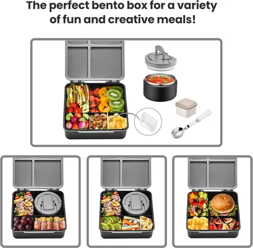 Miniatura 8 de Lonchera Bento con termo de sopa de 8 onzas, a prueba de fugas, 4 compartimentos, para niños, con taza de salsa y bolsa de hielo, tarro de comida