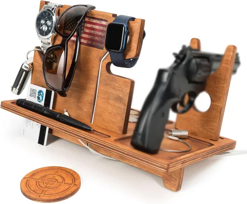 Mesita de noche - Organizador de bandeja de pistola - Soporte para pistola de madera con cargador de reloj - Ideal para agentes de policía - Regalos