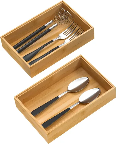 Miniatura 9 de VeyFey Bandeja de cubiertos para cajón, organizador apilable de bambú para cajones de cocina, 9 x 3 x 2 pulgadas, juego de 2