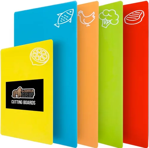 GORILLA GRIP Juego de 5 tablas de cortar flexibles 100% sin BPA, alfombrillas de plástico duraderas con iconos de alimentos para preparar comidas,