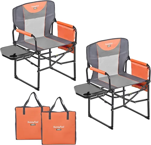 SUNNYFEEL Silla de directores de camping, resistente, silla plegable portátil de gran tamaño con mesa auxiliar, bolsillo para playa, pesca, viaje,