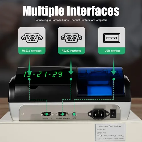 Miniatura 4 de Caja registradora electrónica, caja registradora POS System con 48 llaves, bandeja de efectivo extraíble e impresora térmica, caja registradora