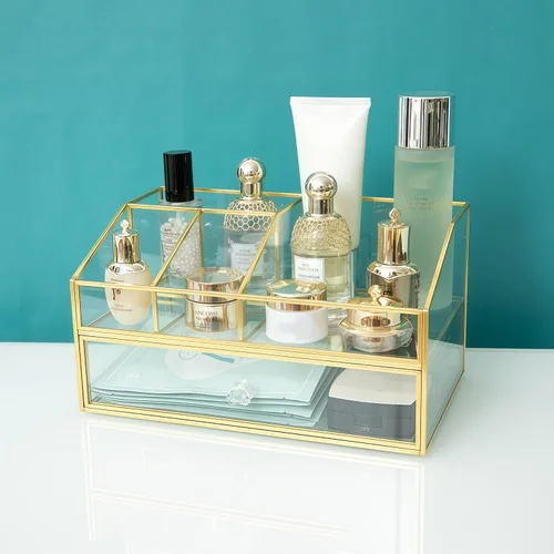 Miniatura 4 de JIARI Organizador de maquillaje de cristal con cajón, caja de exhibición de joyas con marco de latón dorado, almacenamiento de cosméticos