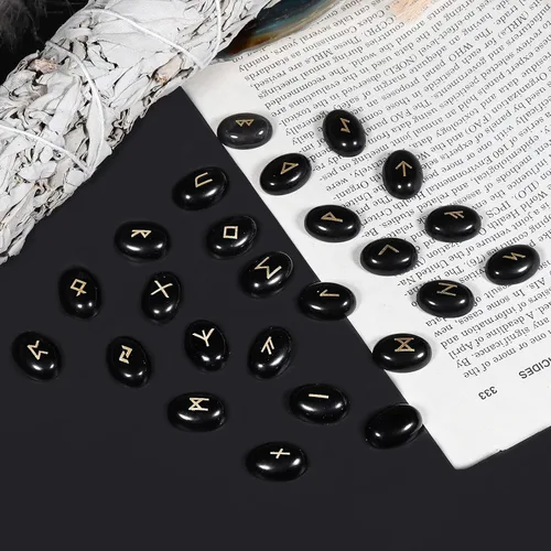 Miniatura 2 de Rockcloud Juego de 25 piedras rúnicas pulidas grabadas con letras del alfabeto Futhark de saúco, adivinación de meditación de cristal, obsidiana