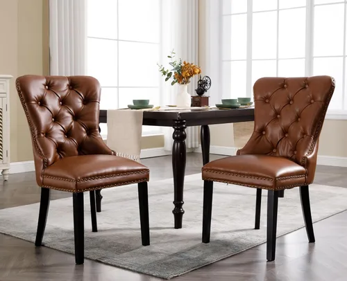 Miniatura 20 de EALSON Juego de 2 sillas de comedor modernas de cuero de mediados de siglo con patas de madera, sillas laterales de cocina tapizadas con ribete