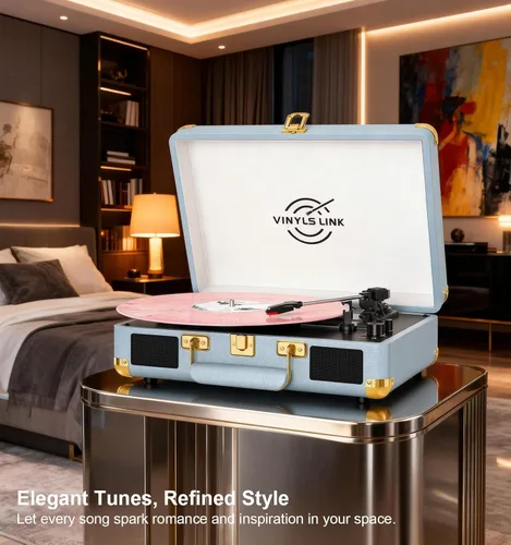 Miniatura 7 de VINYLSLINK Reproductor de discos de vinilo con Bluetooth, tocadiscos portátil de 3 velocidades con control de agudos y graves, altavoces estéreo Azul