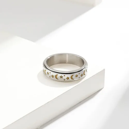 Miniatura 4 de ANIEJUFI Anillo giratorio de acero inoxidable luminoso resplandor luna y estrella, alivio del estrés, anillos de ansiedad para mujeres, hombres