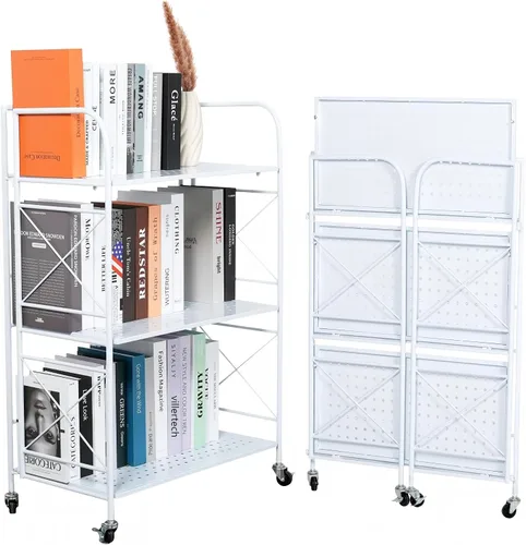 Miniatura 5 de Estantería plegable de metal de 3 niveles con ruedas, estantería plegable para sala de estar, cocina, estudio, 12.6 pulgadas de profundidad x 23.6