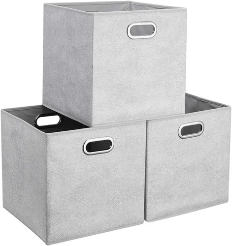 Miniatura 12 de QY-SC05-3 - Cubos de almacenamiento plegables de 13 pulgadas, cajas de almacenamiento de tela a rayas color verde azulado, insertos plegables