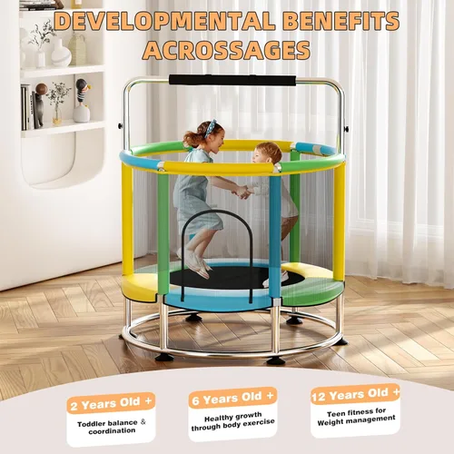 Miniatura 6 de Trampolín de 55 pulgadas para niños, de hasta 440 libras con fondo redondo antivuelco, trampolín para interiores y exteriores con recinto